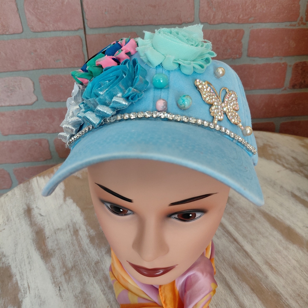 Embellished Light Blue Floral & Rhinestone Baseball Cap